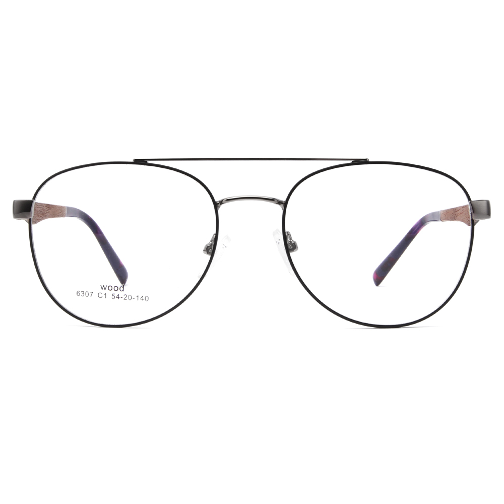 6307 Oval Metal Optical Frames Glasses With Wooden Temple