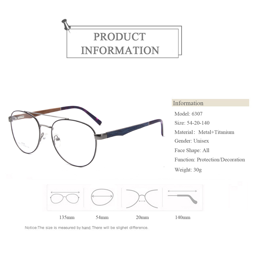 6307 Oval Metal Optical Frames Glasses With Wooden Temple