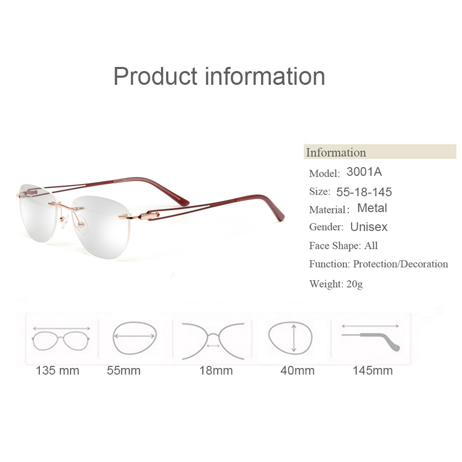 Rimless Frame with Temple Hollow-Carved Design Metal Optical Glasses