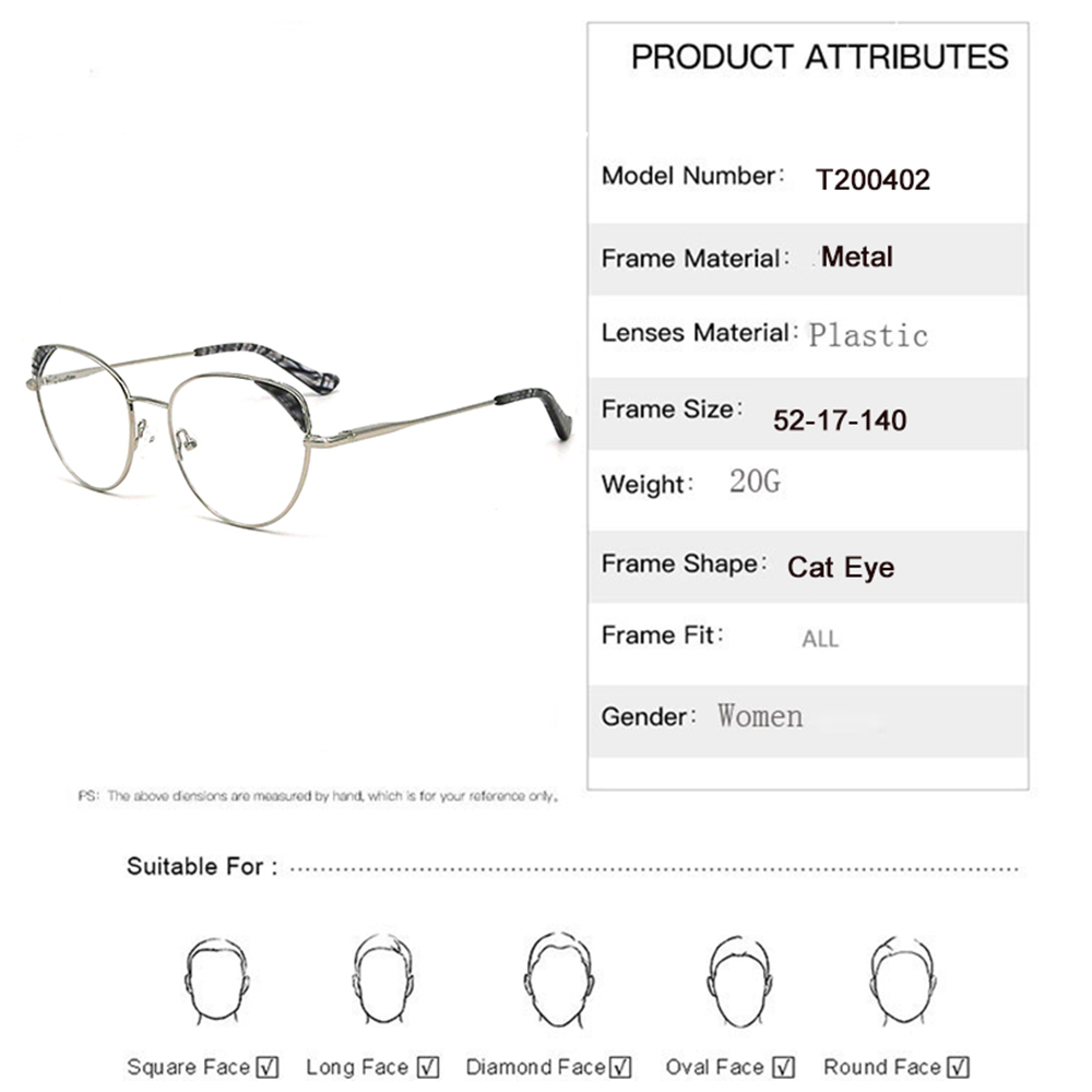 T200402 Newest Oversize Cat Eye Metal Optical Glasses Eyeglasses Glasses For Women 2021 