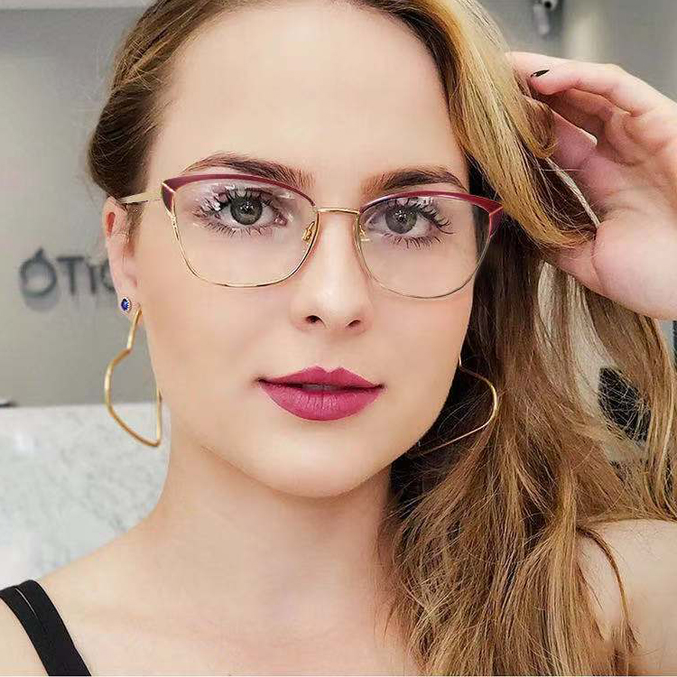 High Quality Cat Eye Double Colors Metal Frame Spring Hinge Flat Glasses Custom Anti Blue Lens Available Myopia Eyeglasses