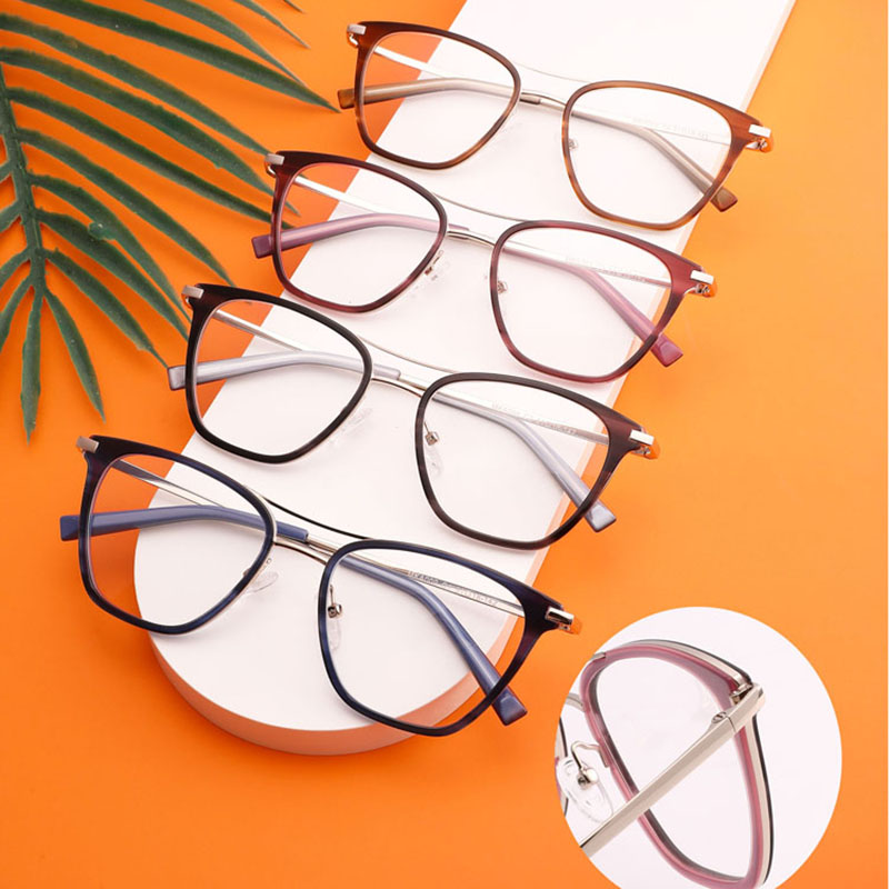 Newest Fashion High Quality Double-Beam Acetate Frame Metal Temple Optical Glasses Trendy Eyewaer