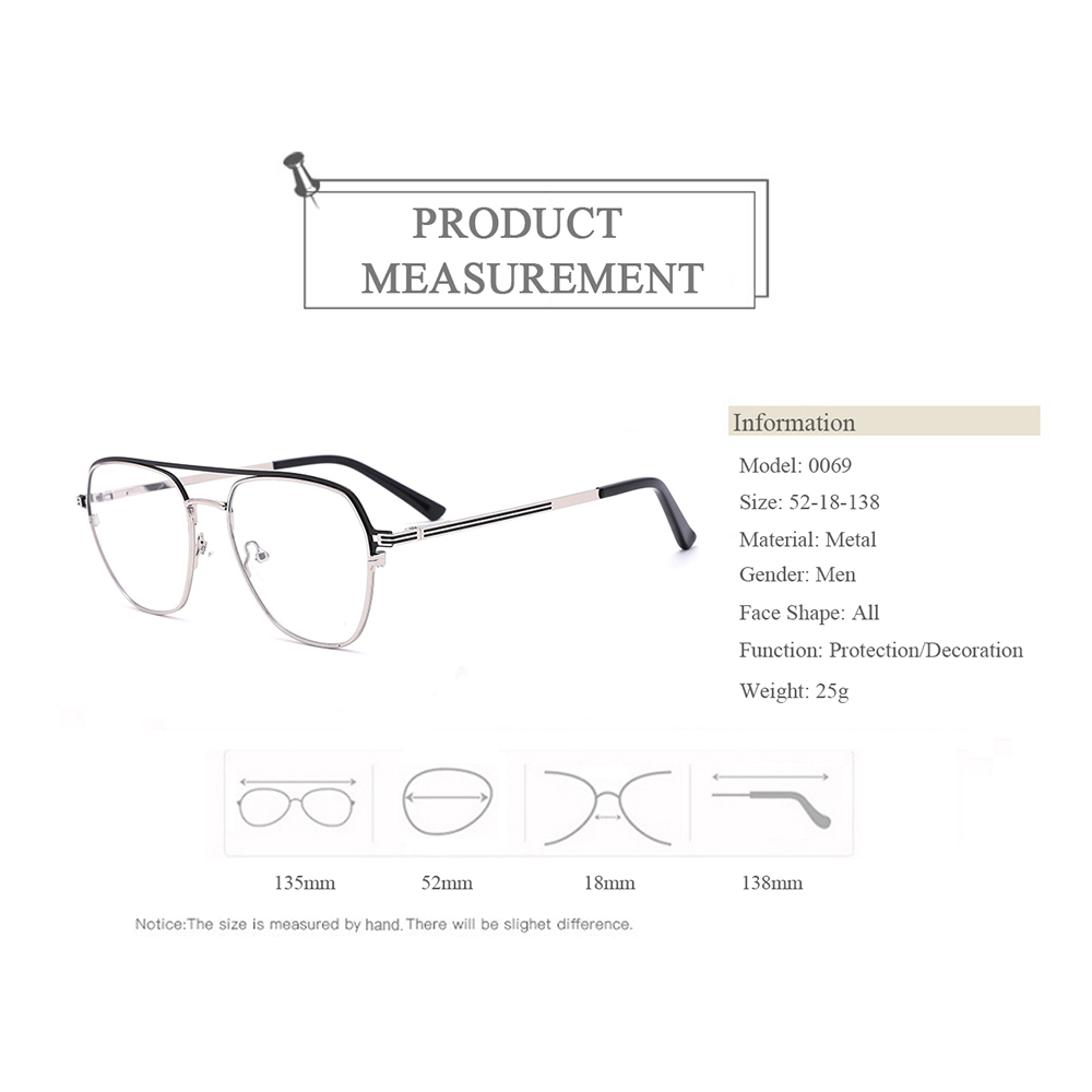 0069 Classical Square Men Metal Optical Eyeglasses Frames With Double Bridge