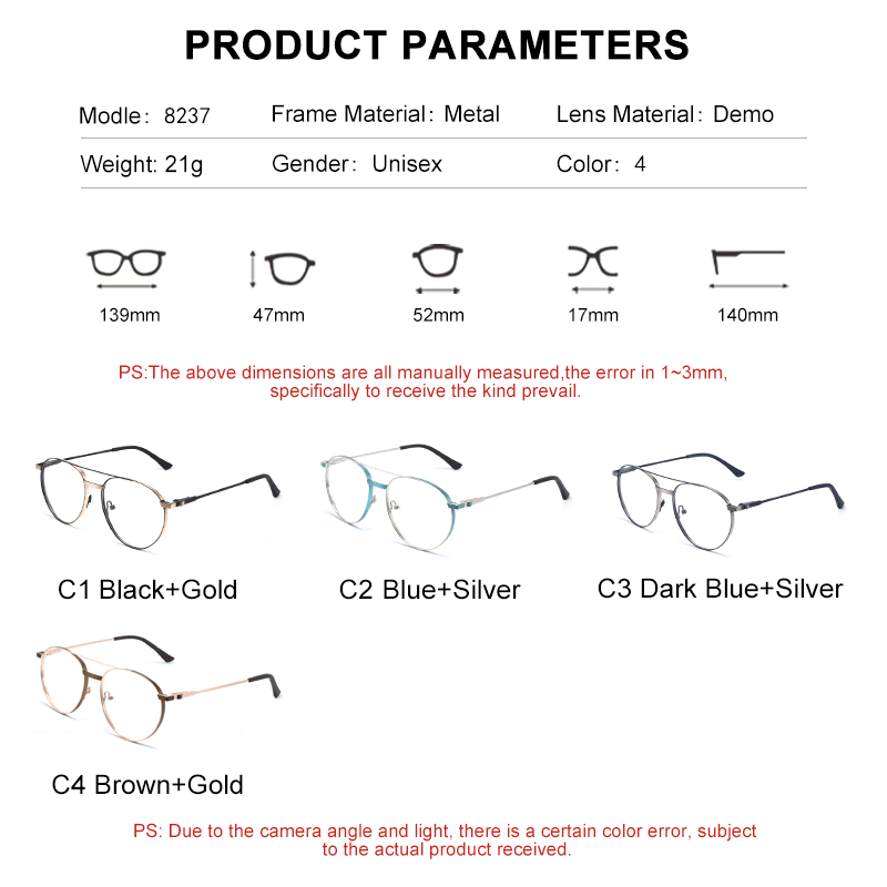 8237 Newest Custom Newest Metal Double Beam Women's Men Glasses
