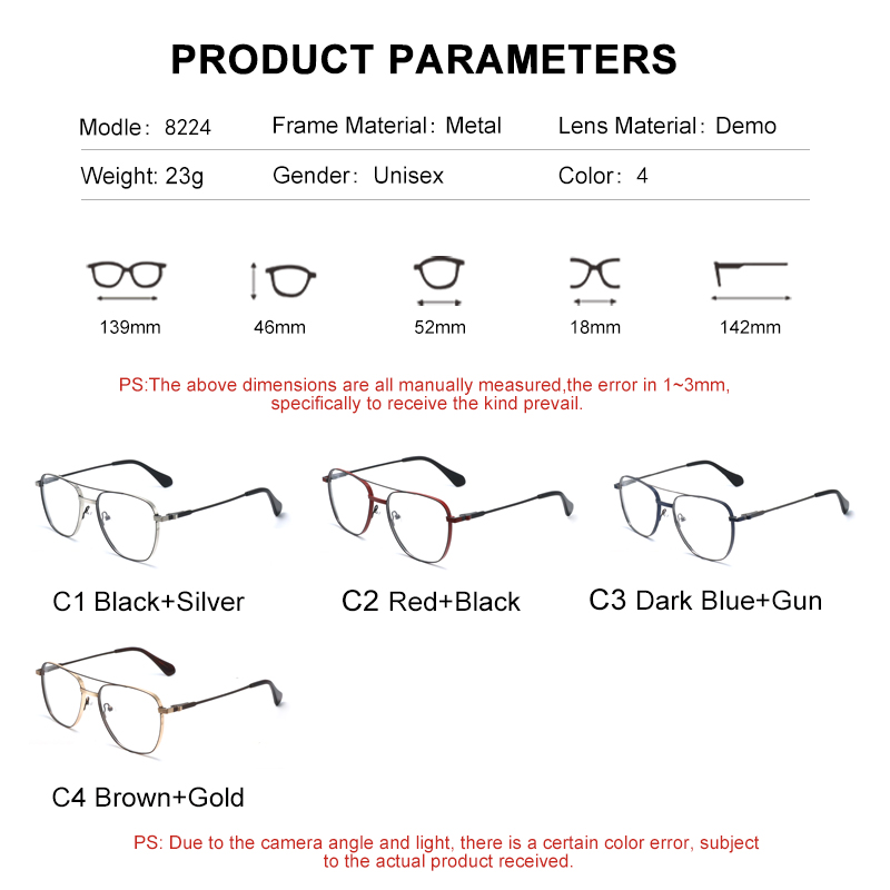 8224 Custom Full Frame High Quality Metal Double Beam Women's Men Glasses Frame 2022