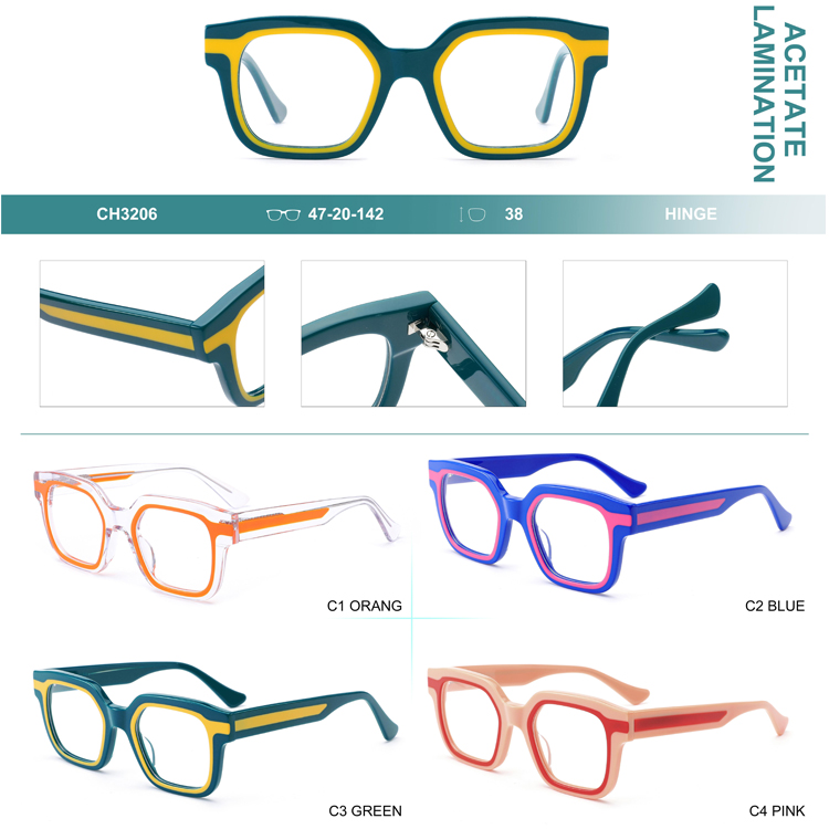 2023 Double-Color Square Frame Top Quality Laminate Acetate Orange Women Optical Glasses