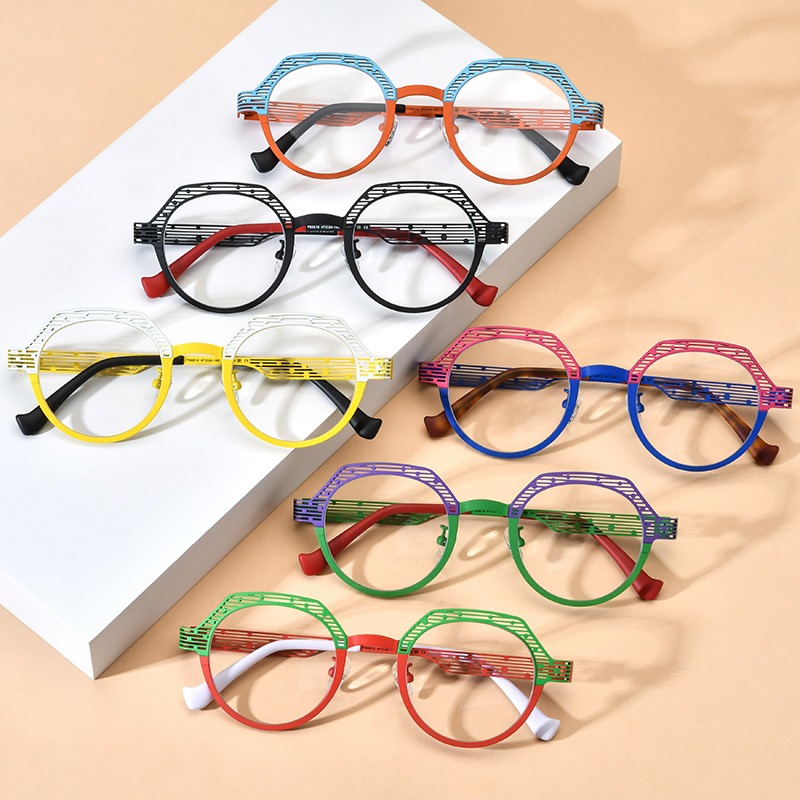 Fashion Colorful Hollow-Carved Pure Titanium Glasses Frame 2024 Eye Glasses for Round Eyeglasses