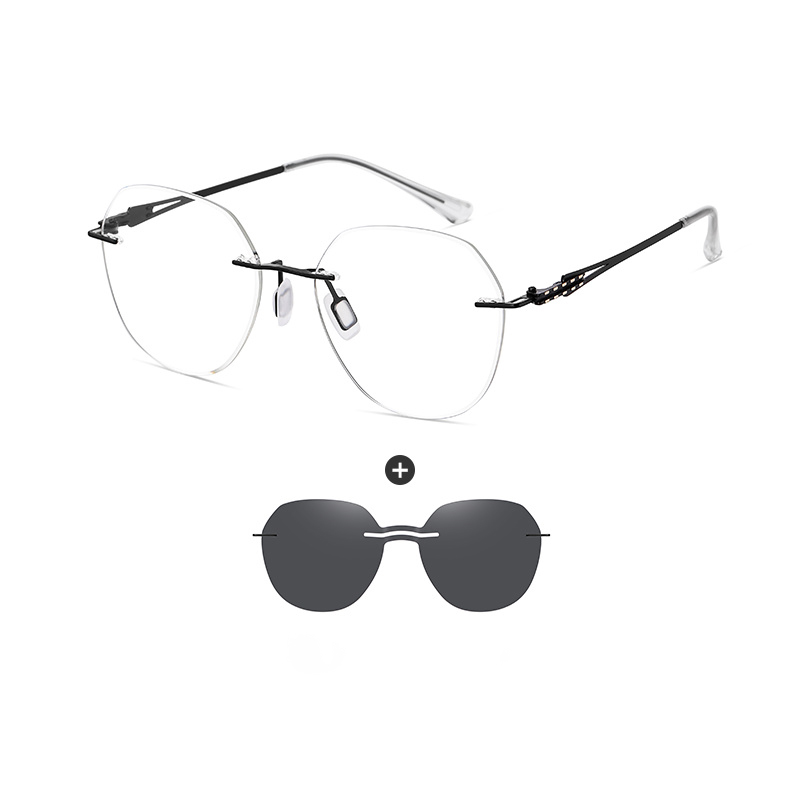 2024 Rimless Round Women Sunglasses 2 In 1 Clip On Magnet Sun Glasses Polarized UV400 Metal Eyeglass Frame 