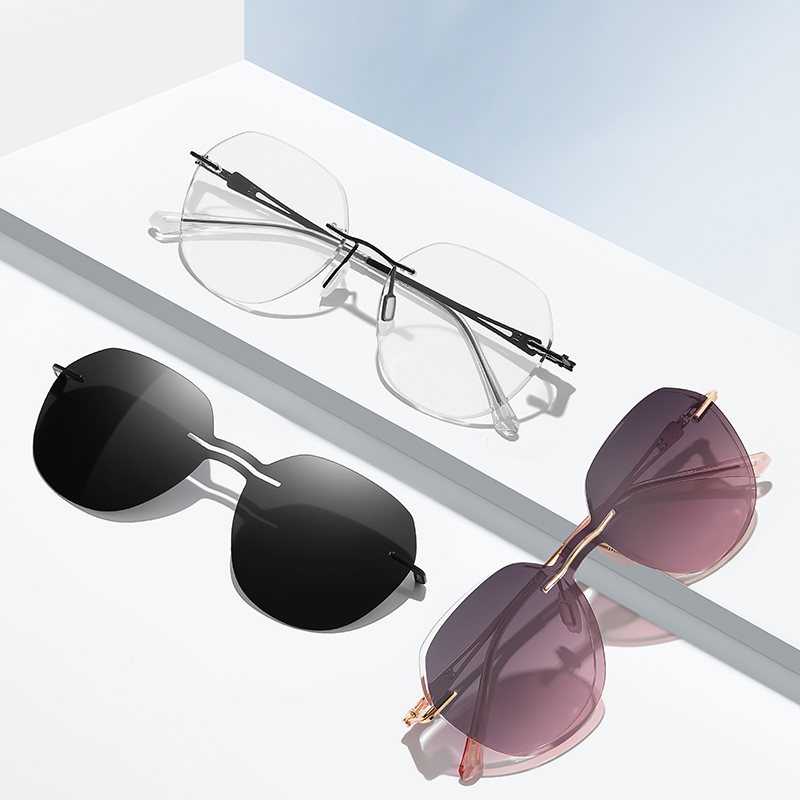 2024 Rimless Round Women Sunglasses 2 In 1 Clip On Magnet Sun Glasses Polarized UV400 Metal Eyeglass Frame 