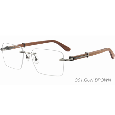 Rimless Metal Wooden Temple Men optical Frame